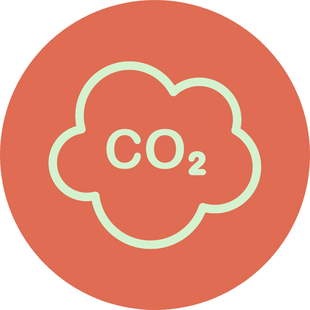 CO2 emissions icon on a coral background, representing eco-friendly and sustainable practices.