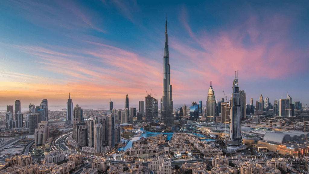 Burj Khalifa and Dubai skyline at sunset, modern skyscrapers, iconic cityscape, urban architecture, Dubai tourism.