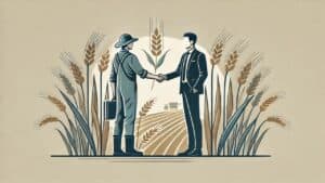Handshake agreement between farmer and businessman in a wheat field illustration, symbolizing agriculture collaboration and sustainable farming.